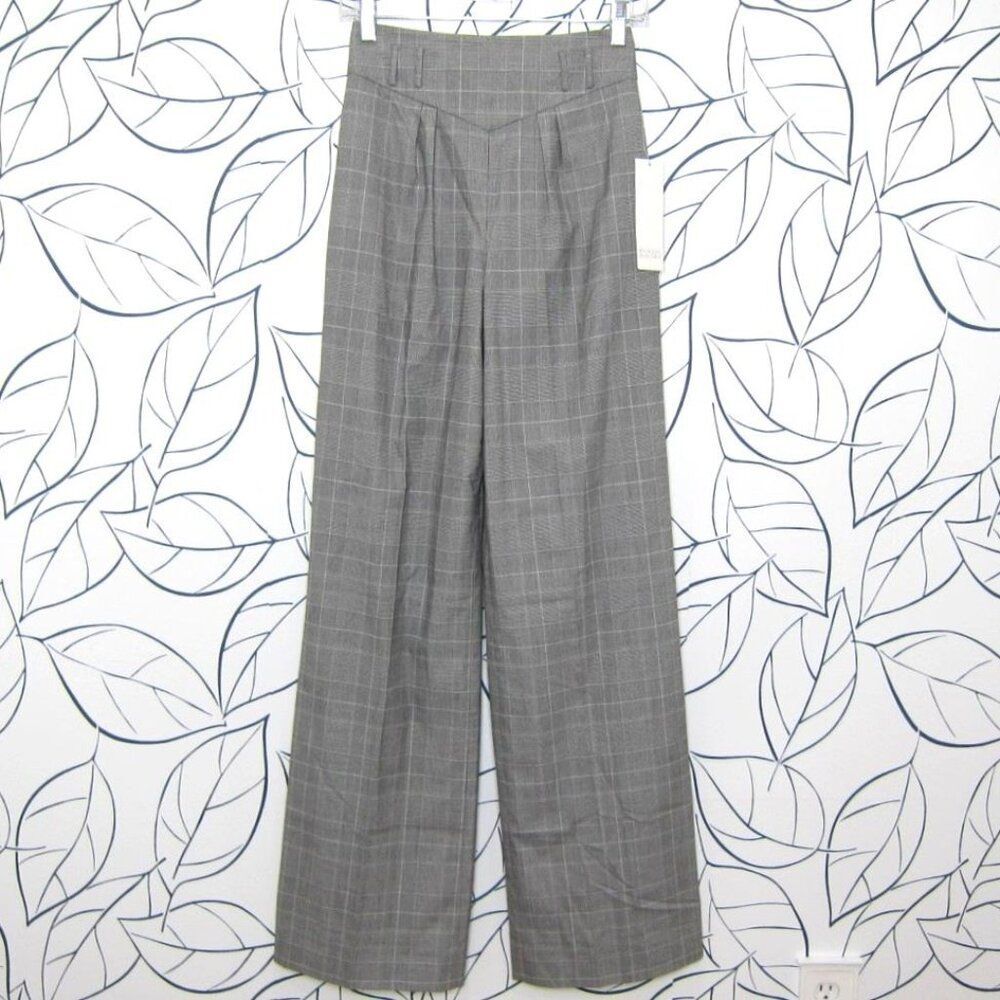 Badgley Mischka Women's Size 0 Gray Plaid Hi Waist Pleated Wide Leg Pants New!